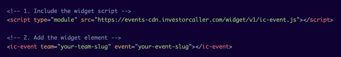 Embeddable event widget code example